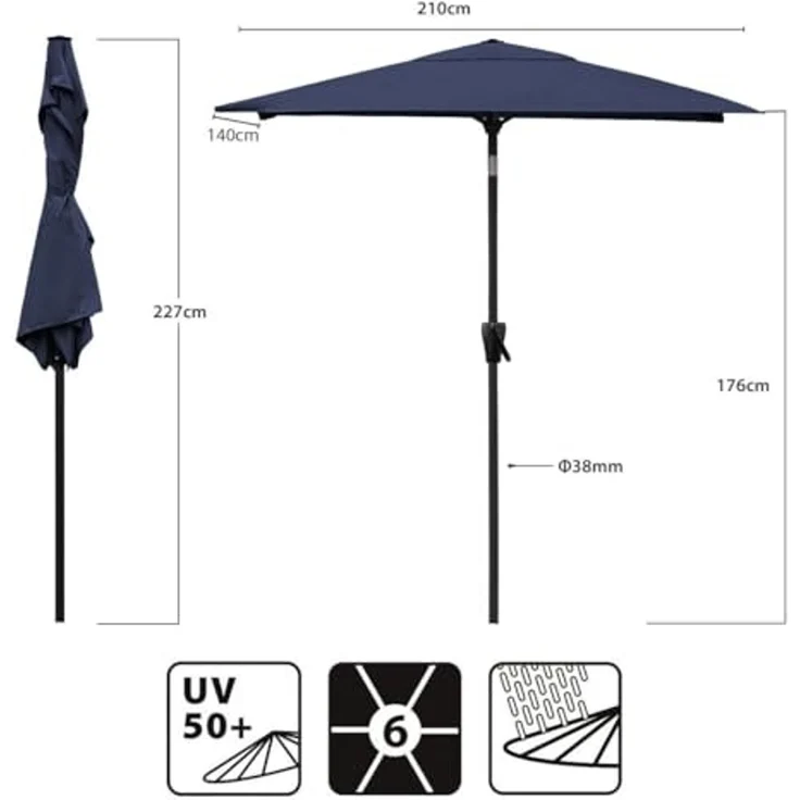 Sekey Sonnenschirm mit Kurbel und UV50+, knickbar, Aluminium blau, 210 × 140 cm – Bild 7