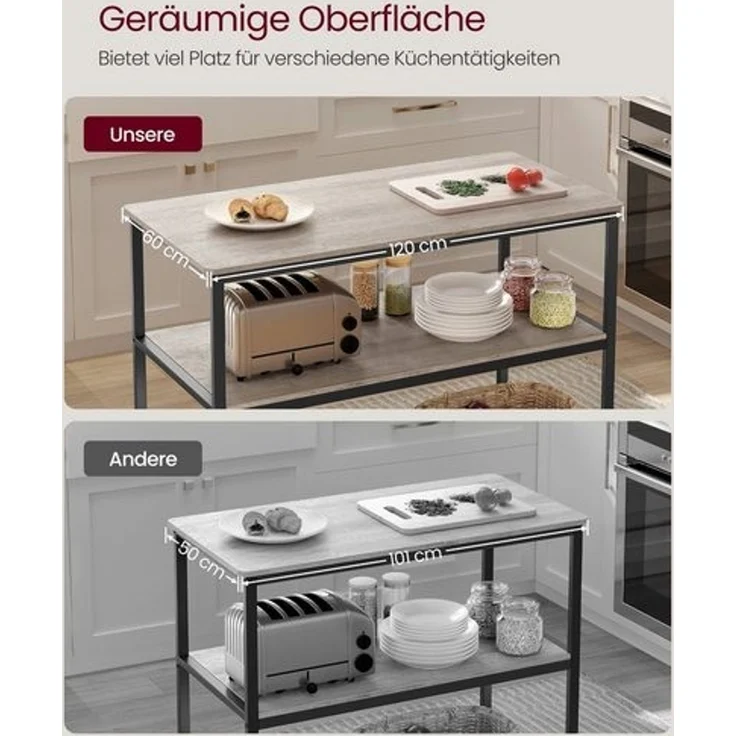 Vasagle Küchenregal mit großer Arbeitsplatte, Stahlrahmen, greige-schwarz, 60 x 120 x 90 cm – Bild 4