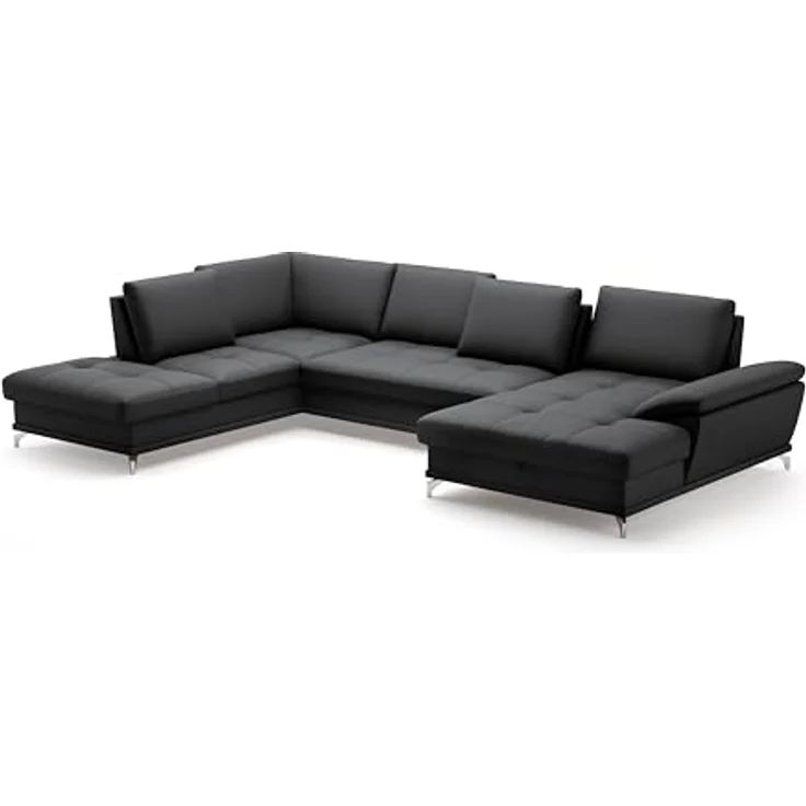 Cavadore Wohnlandschaft Castiel mit Federkern / Sofalandschaft mit großem Longchair, Sitztiefenverstellung und satinierten Metallfüßen / 363 x 89 x 223 / Echtleder, Schwarz – Bild 5