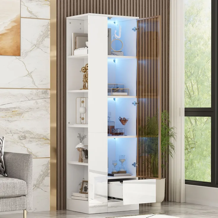 Vitrine mit Glastür & LED-Beleuchtung – Hochglanz-Schrank mit Schubladen & offenen Fächern, viel Stauraum für Wohnzimmer & Esszimmer, Weiß, 50x35x160 cm--Weiß--50x35x160cm--YOUDENOVA