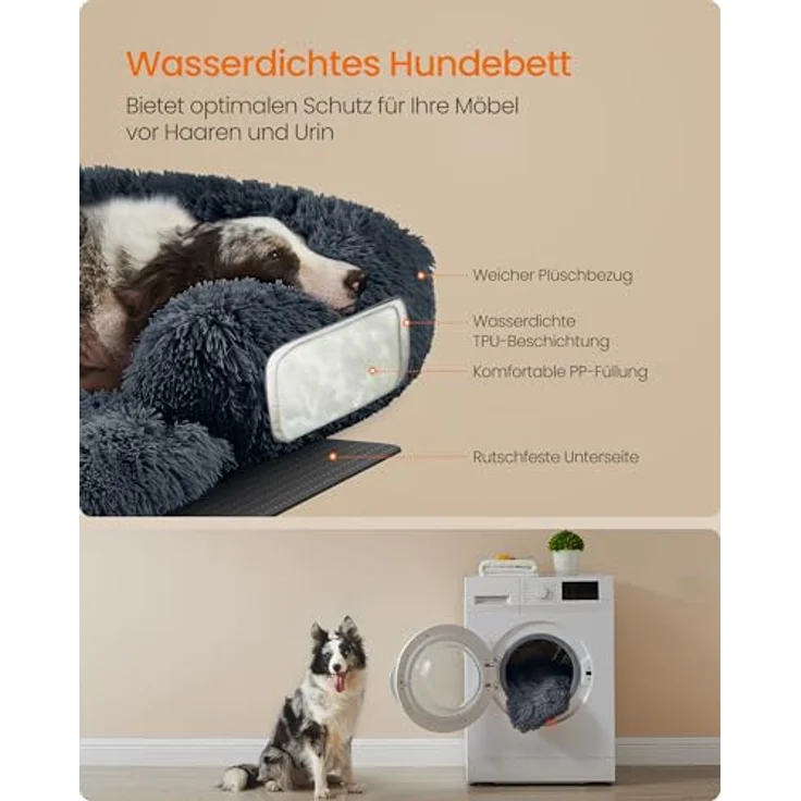 Feandrea FluffyHug Hundebett Plüsch, Größe XL, für mittelgroße und große Hunde, dunkelgrau, 110 x 95 x 18 cm – Bild 4