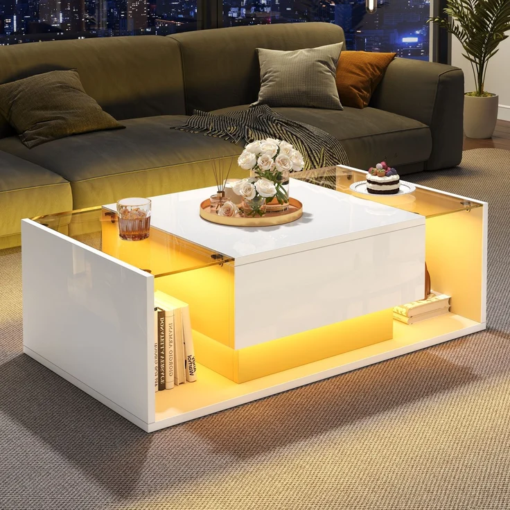 Quadratischer Couchtisch 100 x 50 x 31 cm, Hochglanz Weiß,gehärtetes Glas, 1 Schublade, halboffener Stauraum,mit LED-Lichtleiste – Bild 4