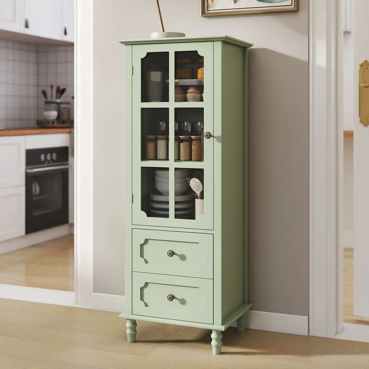 Vitrinenschrank 50x40x133 cm in Mintgrün mit Glastür und 2 Schubladen – Bild 3
