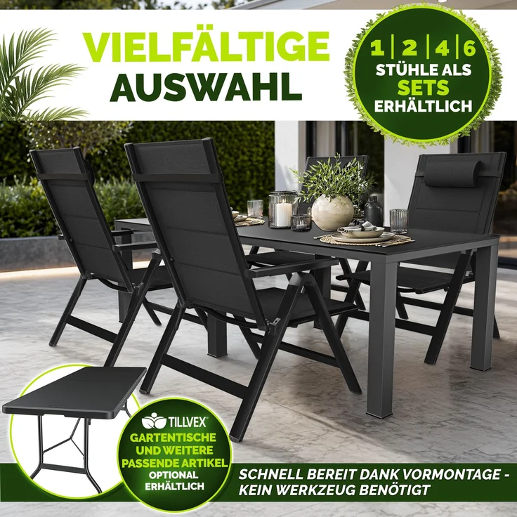 tillvex Gartenstuhl mit Polster Premium 6 Stück Schwarz klappbar aus Aluminium | Hochlehner mit Armlehnen | Klappstuhl verstellbar | Klappsessel Balkon Garten Terrasse – Bild 3