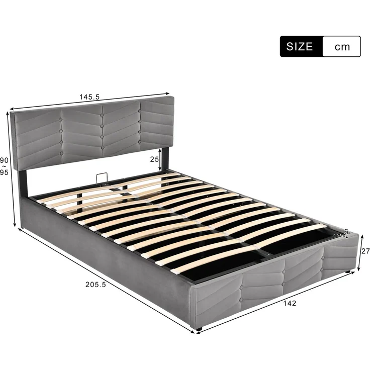 Novelux Polsterbett 140x200 mit Stauraum & höhenverstellbarem Kopfteil – Samt Grau, hydraulisches Doppelbett mit Lattenrost, ohne Matratze – Bild 8