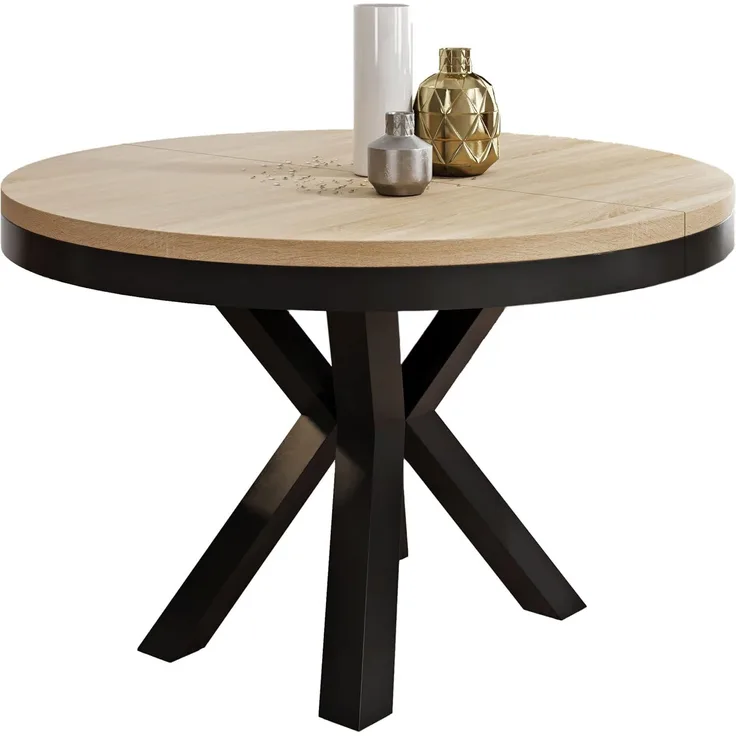 Runder Ausziehbarer Esstisch Weiß - Tisch im Loft-Stil mit Metallbeinen - Industrieller Tisch für Wohnzimmer - Spacesaver - Eiche Sonoma - Schwarz - 120 cm