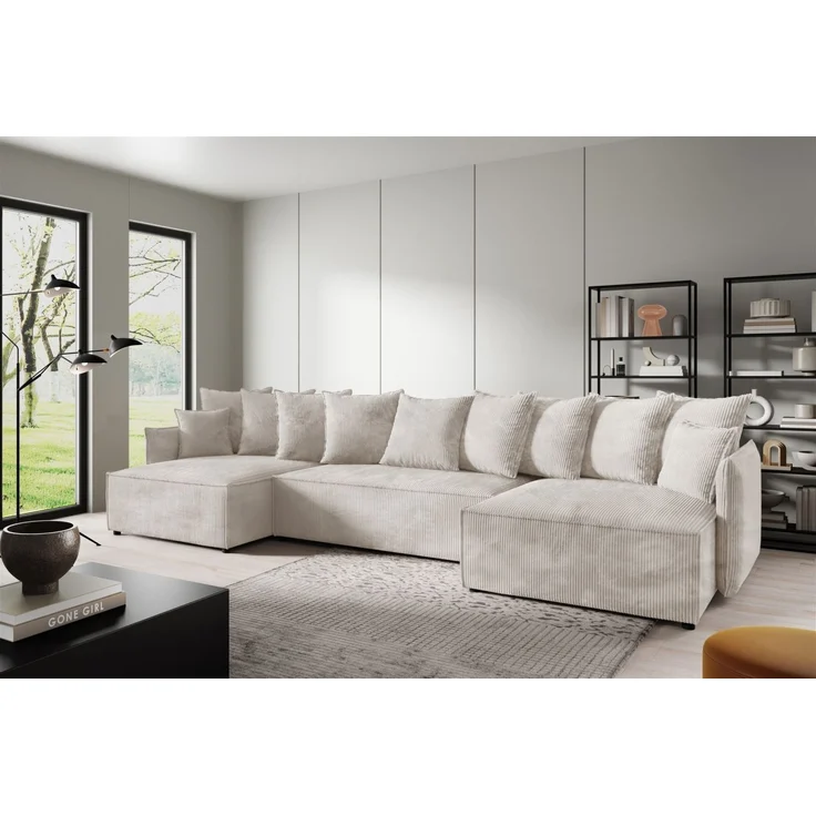 Wohnlandschaft mit Schlaffunktion MINEA Sofa U-Form in Stoff Poso Altweiß – Bild 1