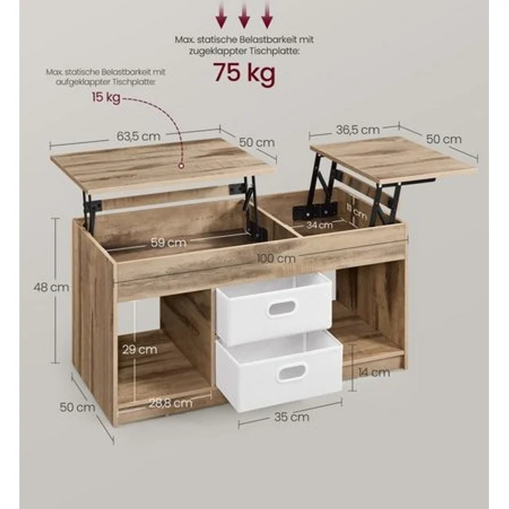 VASAGLE Couchtisch höhenverstellbar, Wohnzimmertisch, 2 Schubladen, versteckte Fächer, Kaffeetisch, offener Stauraum, braun-weiß – Bild 5