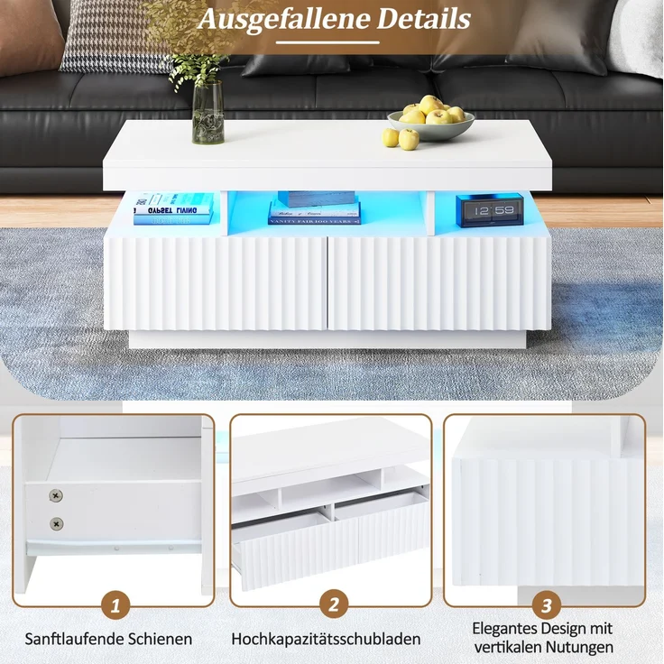DESVIAE Couchtisch mit 2 Schubladen und LED-Beleuchtung 100x45x50 cm Spanplatte Weiß – Bild 6