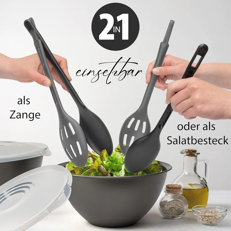 Hausfelder Salatschüssel Set groß, Schüsselset mit Deckel aus Kunststoff BPA-frei, Kunststoff, (Set, 21-tlg), Schüsseln 2x6 L, 2x3,6 L, 2x1,9 L, 2x0,7 L + 2 x Salatbesteck – Bild 5