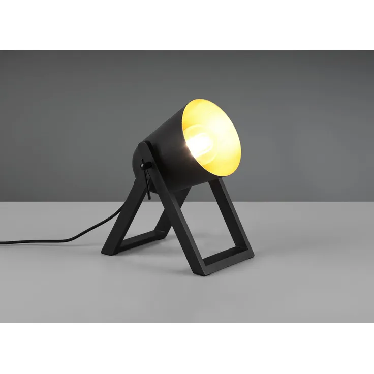 Kleine Tischleuchte MARC Naturholz Metallschirm Schwarz/Gold, Höhe 21cm