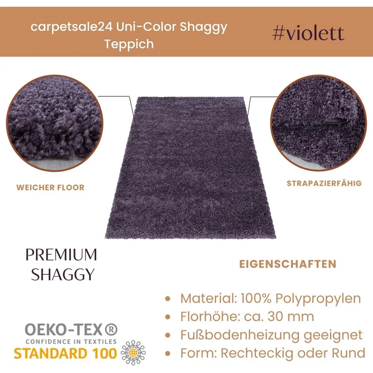 Carpetsale24 Shaggy Hochflor Teppich Wohnzimmer 200 cm Rund Violett - Modern Flauschiger Teppich Extra Weich, Pflegeleicht und Einfarbig - Ideal als Teppich für Schlafzimmer, Esszimmer und Küche – Bild 2