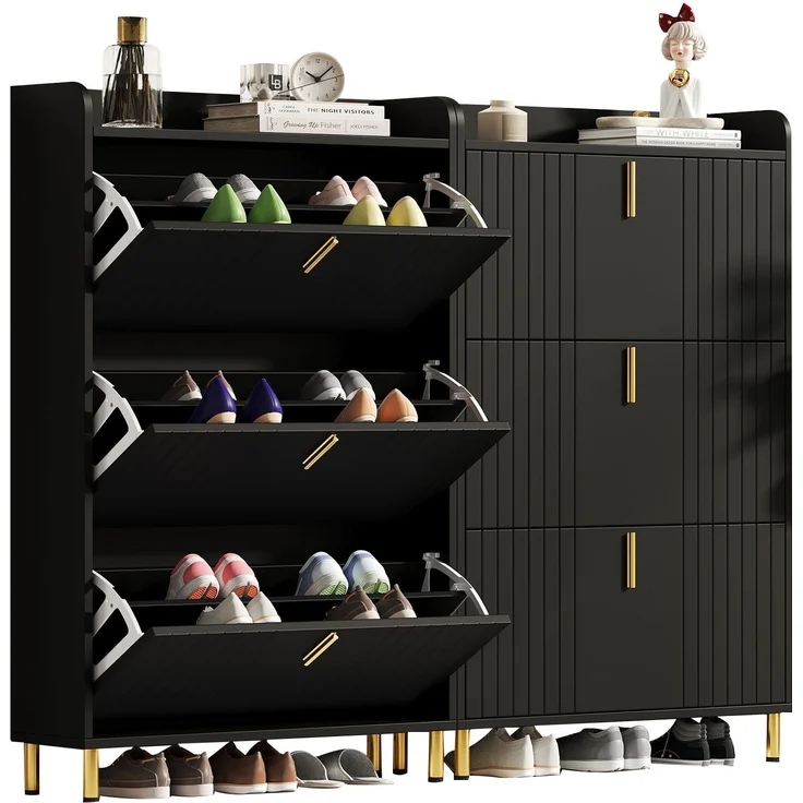 Schuhschrank Set 2-teilig 160x23x123,5 cm mattschwarz gold Metallfüße 3 Türen verstellbare Böden – Bild 7