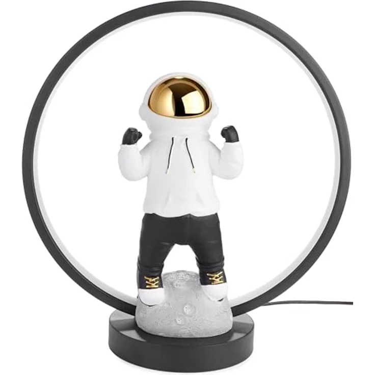 BRUBAKER LED Tischleuchte Astronaut mit Hoodie und Gold verchromtem Helm in Anime Pose, mit indirekter Beleuchtung und USB-C Stecker, LED fest integriert, 33 cm Tischlampe mit LED-Ring - Handbemalte Weltraum Nachttischlampe – Bild 3