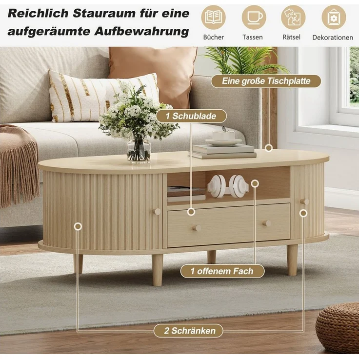 Merax Couchtisch Ovaler Kaffeetisch Sofatisch Beistelltisch (1-St), Wohnzimmertisch mit Schublade,Rolltüren & offenem Stauraum,100 x 50 x 36 cm – Bild 3
