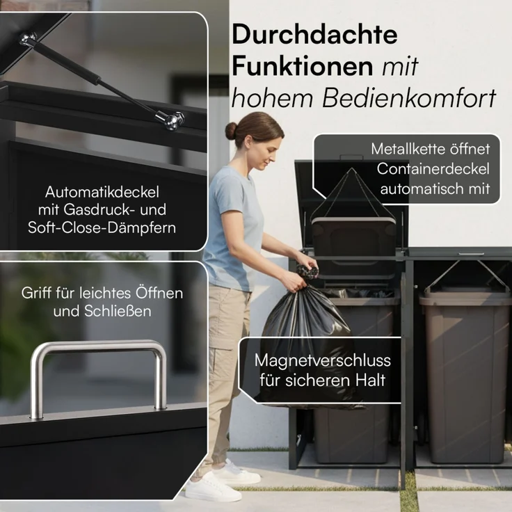 STEELSØN 'Kestra' Mülltonnenbox 4er je 120 Liter, anthrazit mit Holzoptik, Mülltonnenverkleidung aus Stahl, wetterfest, 102x62x234 cm, Müllbox für 4 Tonnen – Bild 4