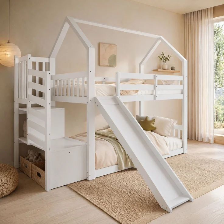 CHICFURN Etagenbett aus Kiefernholz und MDF Weiß 90x200 cm mit Stauraumtreppe und Rutsche – Bild 3