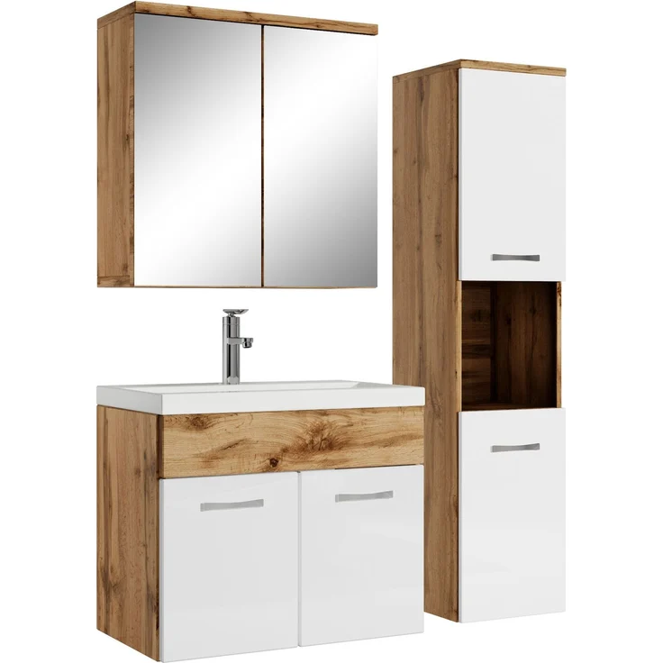 Badplaats Badmöbel Komplettset Montreal 60x35 cm Eiche mit Weiß Hochglanz - Badezimmermöbel mit Waschbecken, Spiegelschrank und Badezimmerschrank – Bild 1