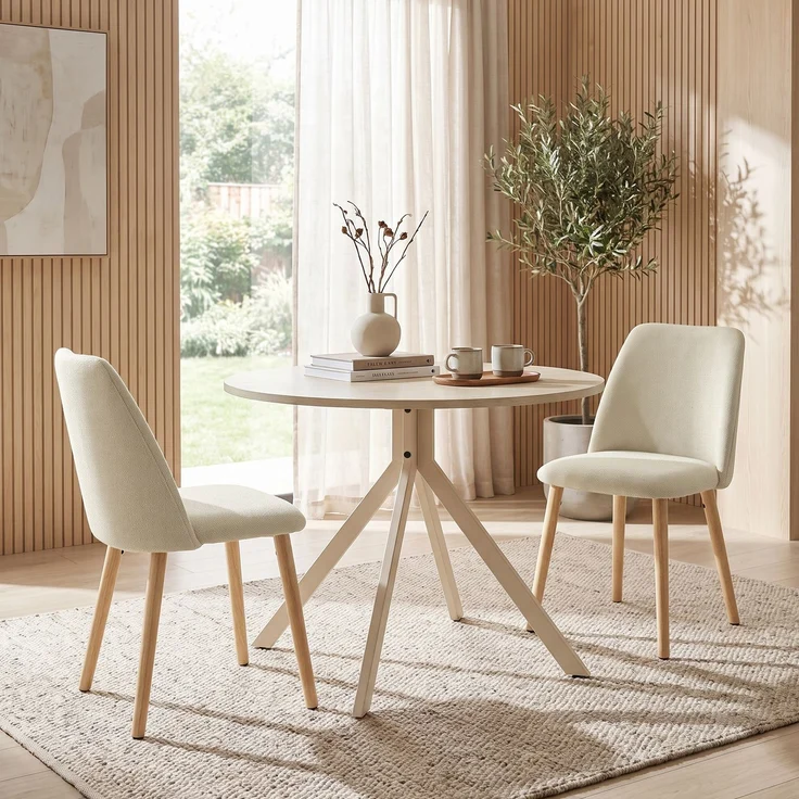 GOEURVANT 1001 Esstisch Set rund Ø 100 cm in Travertin-Optik weiß, Küchentisch mit 4 Stühlen in Beige – Bild 2