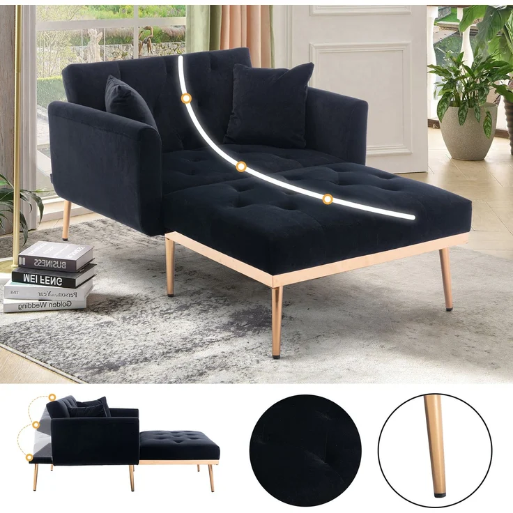 Relaxsessel mit verstellbarer Rückenlehne,3-stufig klappbarer Ruhesessel aus Plüschstoff mit 2 Kissen,Schwarz – Bild 4