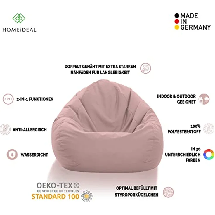 HomeIdeal - Sitzsack XXL Bodenkissen für Erwachsene & Kinder - Geeignet für Gaming oder Entspannen - Indoor wie Outdoor da er Wasserfest ist - mit EPS Perlen, Farbe:Puderrosa, Größe:XXL – Bild 4