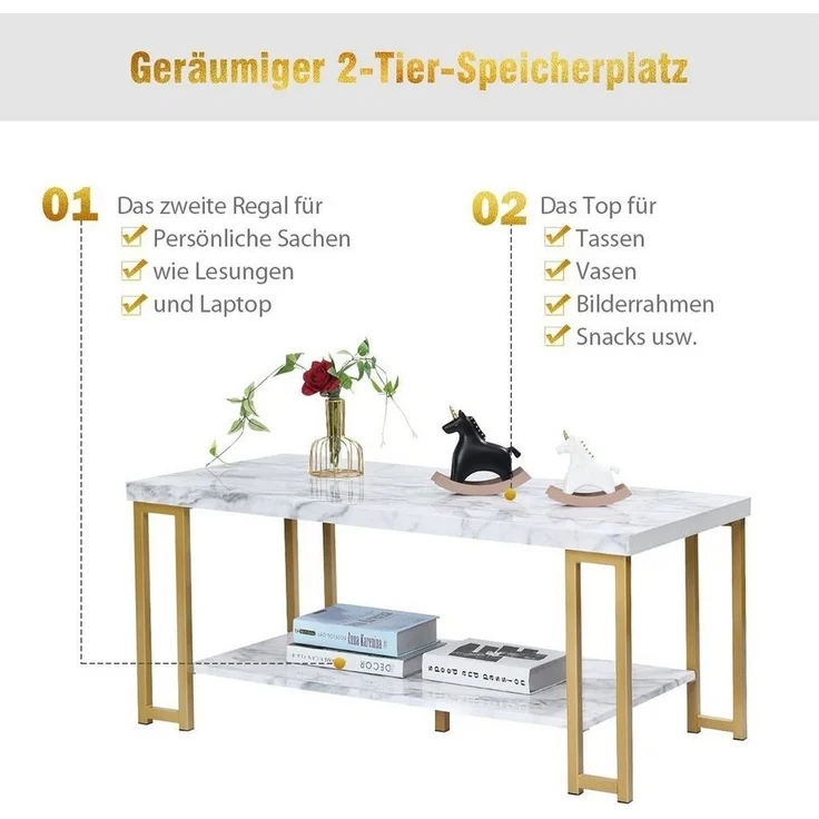 COSTWAY Couchtisch Beistelltisch, Marmor Optik, mit Ablage, 100x49,5x45cm – Bild 2