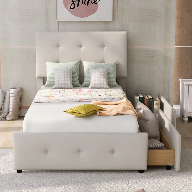 EINHOM Polsterbett 90 x 200 cm Bett mit Lattenrost, Rückenlehne und Zwei Schubladen, Hautfreundlicher Samtstoff Beige Flaches Einzelbett Kinderbett Jugendbett Gästebett, (Ohne Matratze) – Bild 4
