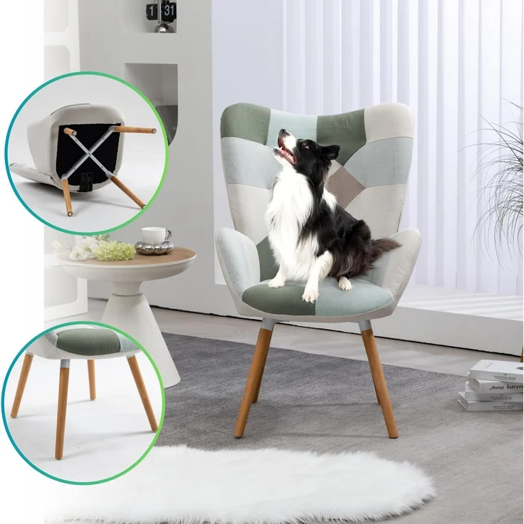 MEUBLE COSY Sessel Relaxsessel Lehnstühle Polstersessel Einzelsofa mit Holzbein Ohrensessel für Wohnzimmer Schlafzimmer Büro Vanity, Patchwork – Bild 4