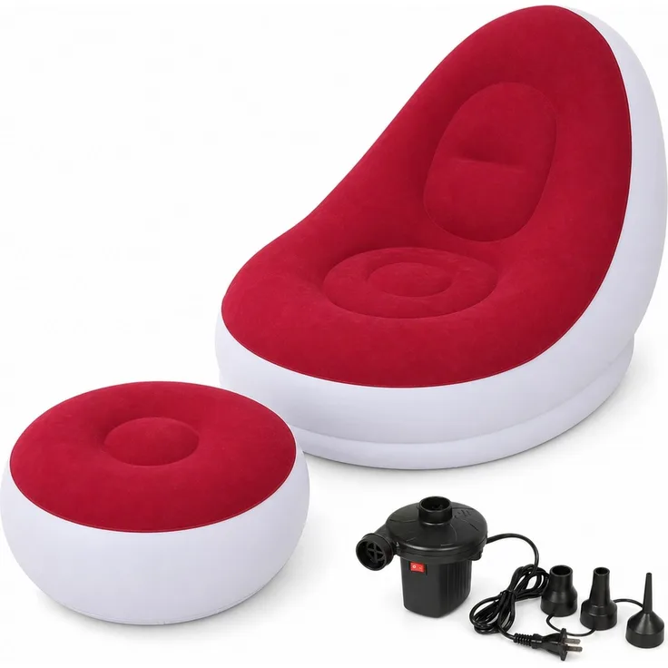 Aufblasbares Loungesofa mit rundem Hocker, Rot, 116 x 98 x 83 cm, mit elektrischer Luftpumpe, Hocker 62x31 cm