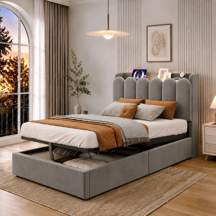 ZUBALIYA Bett mit Lattenrost / Polsterbett, mit großem Stauraum und USB& Type-C-Ladestation und Leselampe und hydraulisches Funktionsbett, Kinderbett 90 x 200 cm, Samt, Grau, für Mädchen und Jungen – Bild 4