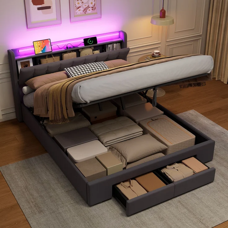 Polsterbett 160 x 200 cm, Samt, mit Bettkasten, Schubladen, USB-Anschluss und LED-Beleuchtung, Dunkelgrau – Bild 2