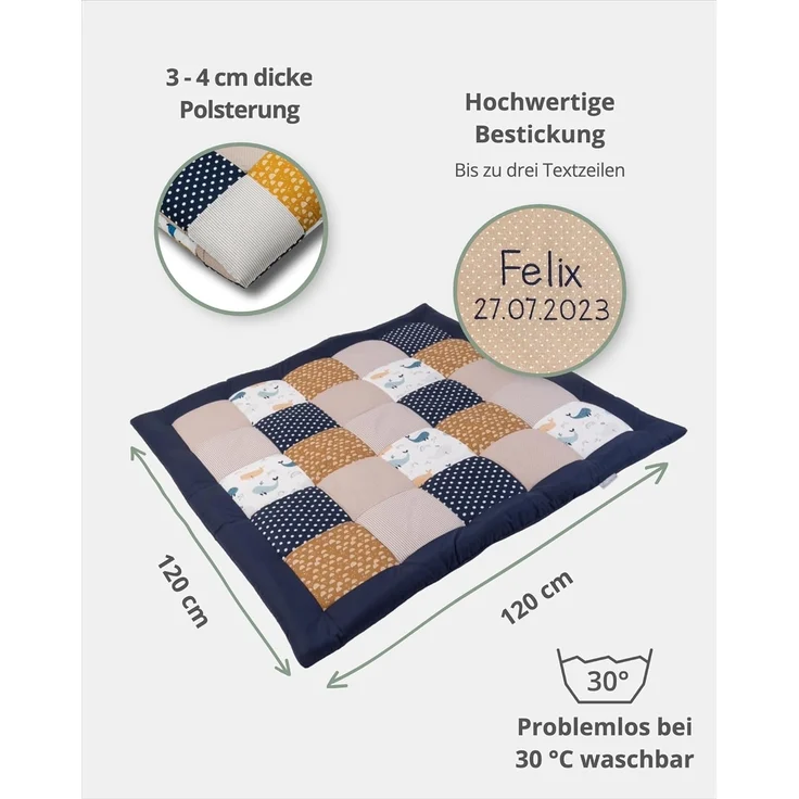 ULLENBOOM Krabbeldecke für Baby mit Personalisierung, 100% OEKO-TEX Materialien, Wale 120x120 cm - Babydecke mit Namen und Datum, ideal als Spieldecke und personalisiertes Baby Geschenk zur Geburt – Bild 2