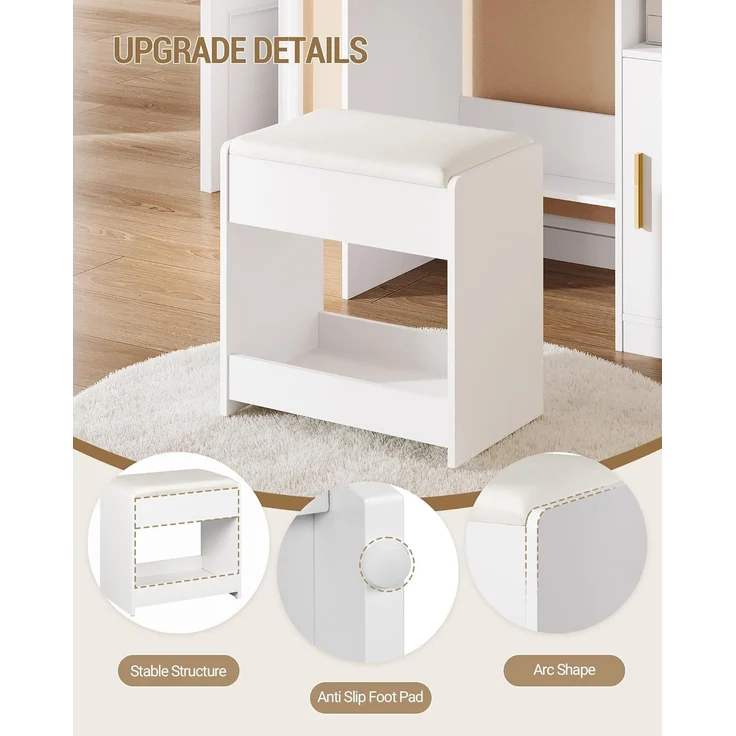 Hocker Schminktisch, Sitzhocker gepolstert, mit rutschfesten Fußpads, für Ankleidezimmer, Schlafzimmer, Eingangsbereich, Weiß, 26 x 37.5 x 40 cm – Bild 5
