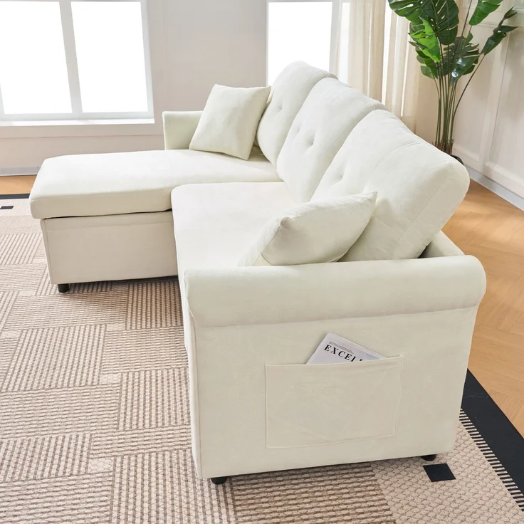 Ecksofa Schlafsofa, mit Bettkasten Schlaffunktion Stauraum beidseitig montierbar L-Form für Wohnzimmer oder Gästezimmer, Samt, Beige, — – Bild 7