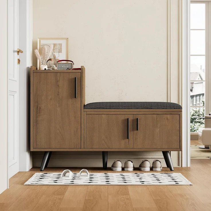 FAVSH Schuhschrank mit Sitzbank, Schuhbank mit Stauraum, Mit Asymmetrischen Metallgriffen Und Mehreren Ebenen Zur Aufbewahrung für den Innenbereich, Wohnzimmer, Schlafzimmer (Natural)