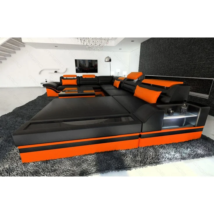 XXL Wohnlandschaft Mezzo - Ledermix - schwarz-orange - Rechts – Bild 4