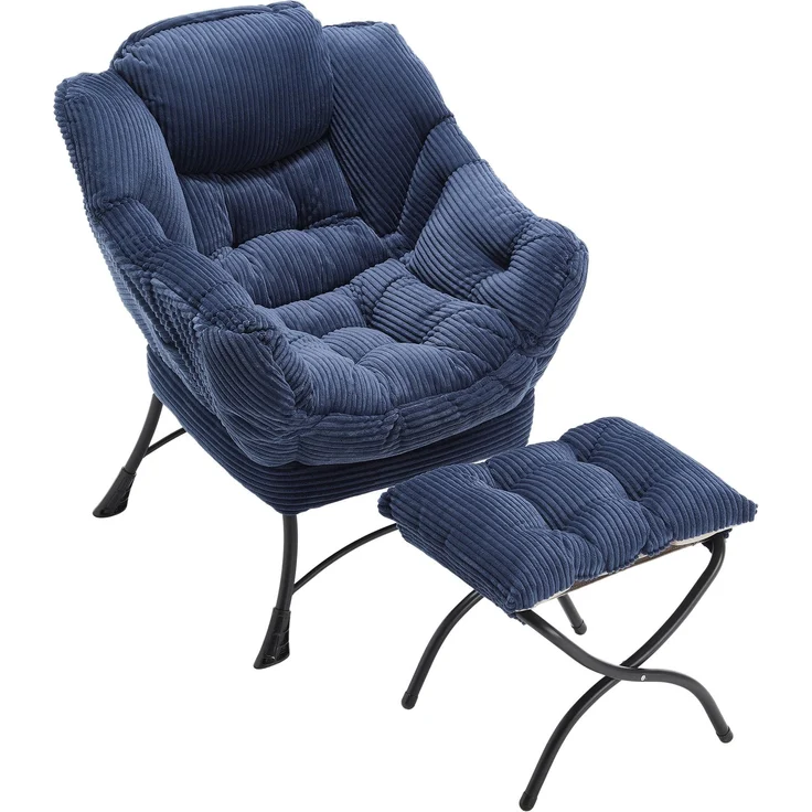 Flieks Loungesessel mit Hocker, ergonomischer Ohrensessel mit Stahlrahmen, weicher Cordstoff, Seitentasche, Blau – Bild 10