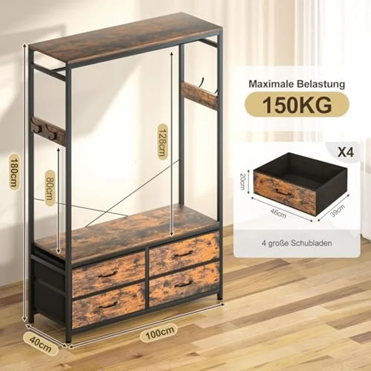 Yorbay Kleiderständer Garderobenständer Kleiderständer 100 x 40 x 180 cm, (Aus MDF und Stahl, mit Kleiderstange, Ablagen, 4 Schubladenboxen), Offener Kleiderschrank für Wohnzimmer, Schlafzimmer, Flur – Bild 6