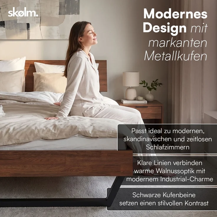 skølm 'Alver' Bett 140x200 cm, Bettgestell, natur geölt, Massivholzbett aus Eiche mit Metallkufen, Walnuss Optik, Bettkopf 1 Strebe – Bild 7