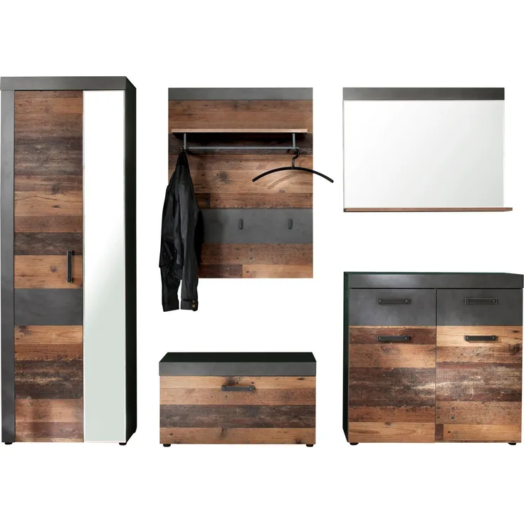 Garderobenset Indy 5-teilig Used Wood und Matera grau 265 cm