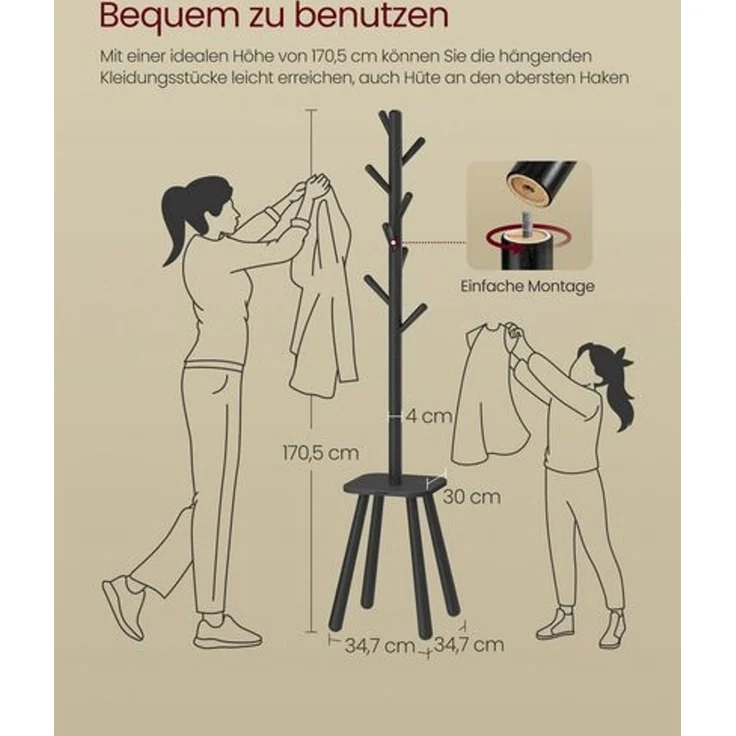 Vasagle Garderobenständer, Kleiderständer, mit 8 Haken und Ablagefläche, 170,5 cm hoch für Mäntel, Hüte, Taschen, Eingangsbereich, Flur, Schlafzimmer, tintenschwarz RCR033B01 – Bild 4