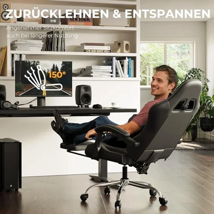 Dowinx Gaming Stuhl, Ergonomischer Gamer Stuhl für Büro und Home Office, Verstellbarer Bürostuhl mit Rückenlehne bis 150°, mit Fußstütze, Belastbar bis 180 kg, Schwarz – Bild 5