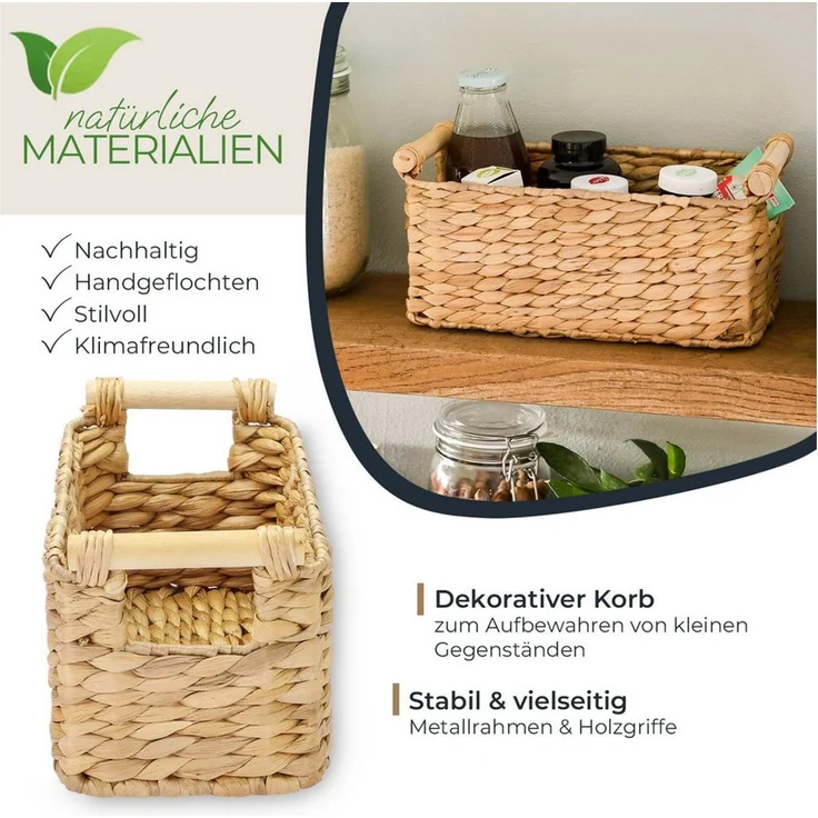 HMF Aufbewahrungskorb Nachhaltiger Aufbewahrungskorb mit Holzgriffen, Badezimmer Korb (2 St), aus Wasserhyazinthe Seegras, handgefertigter Flechtkorb 30 + 37 cm