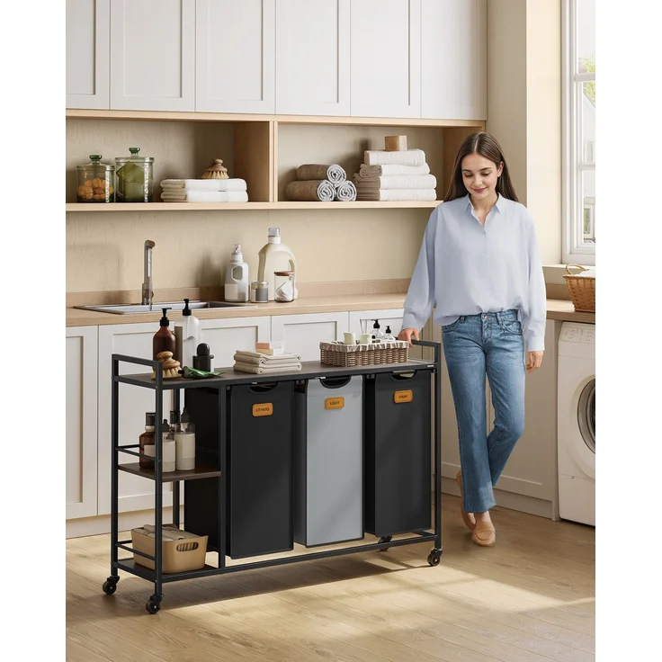 VASAGLE Wäschekorb 3 Fächer, Wäschesammler 150 L, Wäschesortierer, Rollen, Wäschewagen mit Ablagen, Wäschesack, mit abnehmbaren Taschen, 6 Etiketten, kastanienbraun-tintenschwarz-taubengrau – Bild 2