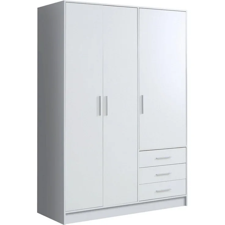 FORTE Jupiter Kleiderschrank 3-türig, 3 Schubkästen, Holzwerkstoff, Weiß matt, 144. 6 x 60 x 200 cm