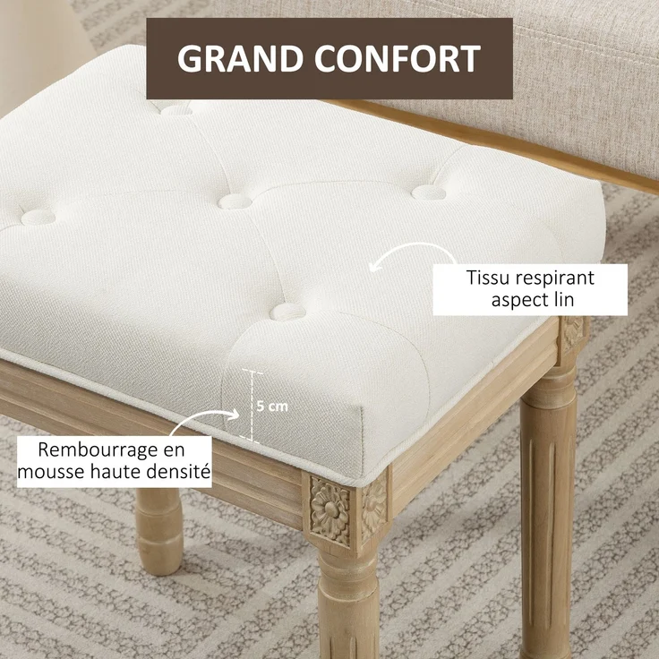 MELAYR, Wohnzimmer-Hocker/Fußhocker, Gepolsterter Sitz in Leinenoptik, Beine aus Gummibaumholz, 42 x 32 x 46,5 cm, Beige – Bild 6