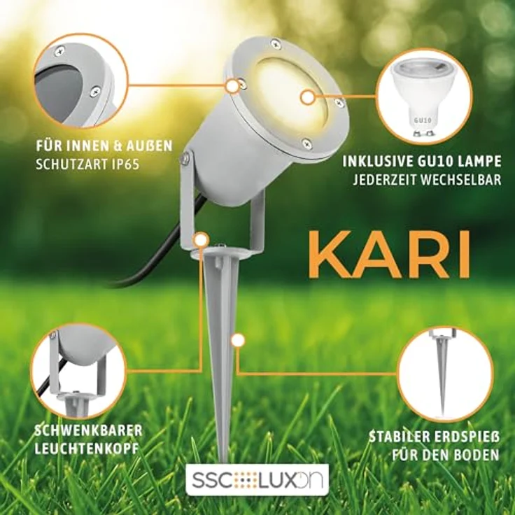 SSC-LUXon LED Gartenstrahler mit Erdspieß, schwenkbarer Kopf, 3W GU10, drei einstellbare Lichtfarben (3CCT), silber/grau, IP65 – Bild 4