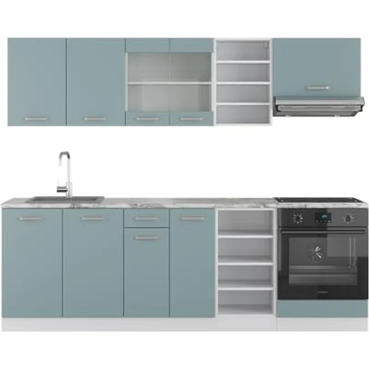 Vicco Küchenzeile R-Line, Blaugrau und Weiß, Rechteckig, 240x81.6x60 cm, Holzwerkstoff, Küchenblock ohne Geräte – Bild 1