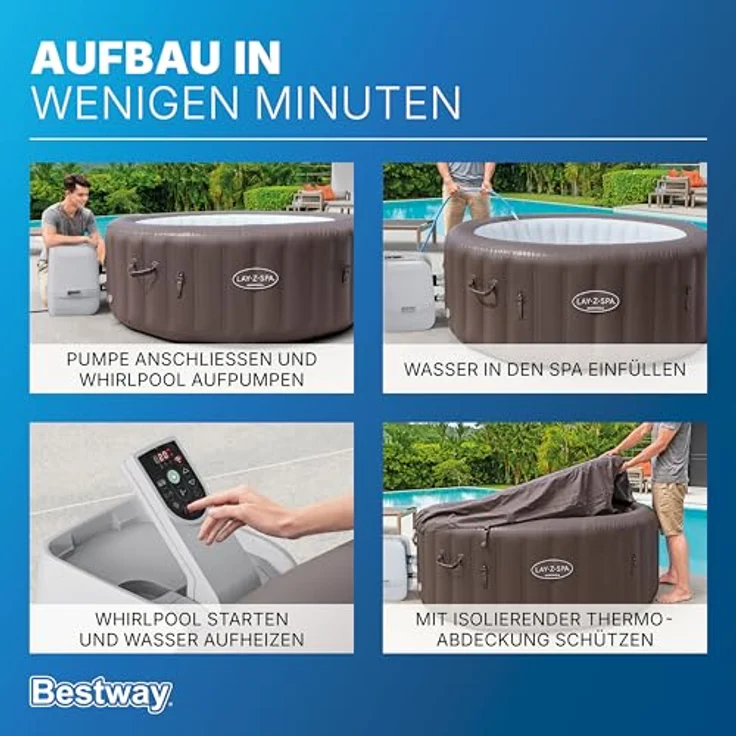 Bestway Lay-Z-SPA Whirlpool Dominica HydroJet, Ø 196 x 71 cm, 6 Personen, Heizung, Frostwächter, 4 HydroJet-Düsen, 140 AirJet-Düsen, App-Steuerung, Thermo-Abdeckung, Energieeffizient, Urbanbraun – Bild 9