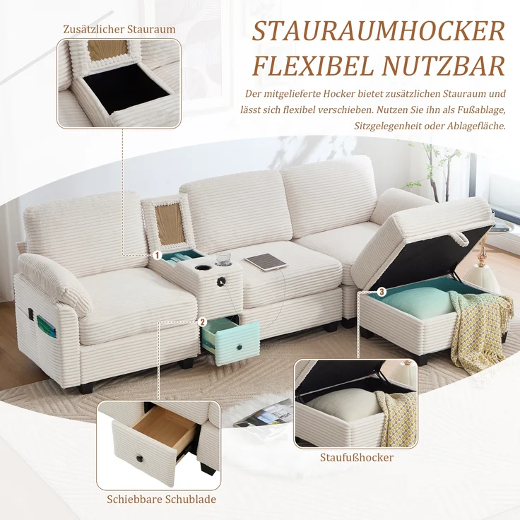 LVHOM 3-Sitzer Sofa mit Hocker, L-Form Ecksofa mit Stauraum, USB-C-Anschluss und 2 Getränkehaltern, modulares Sofa, Beige – Bild 3